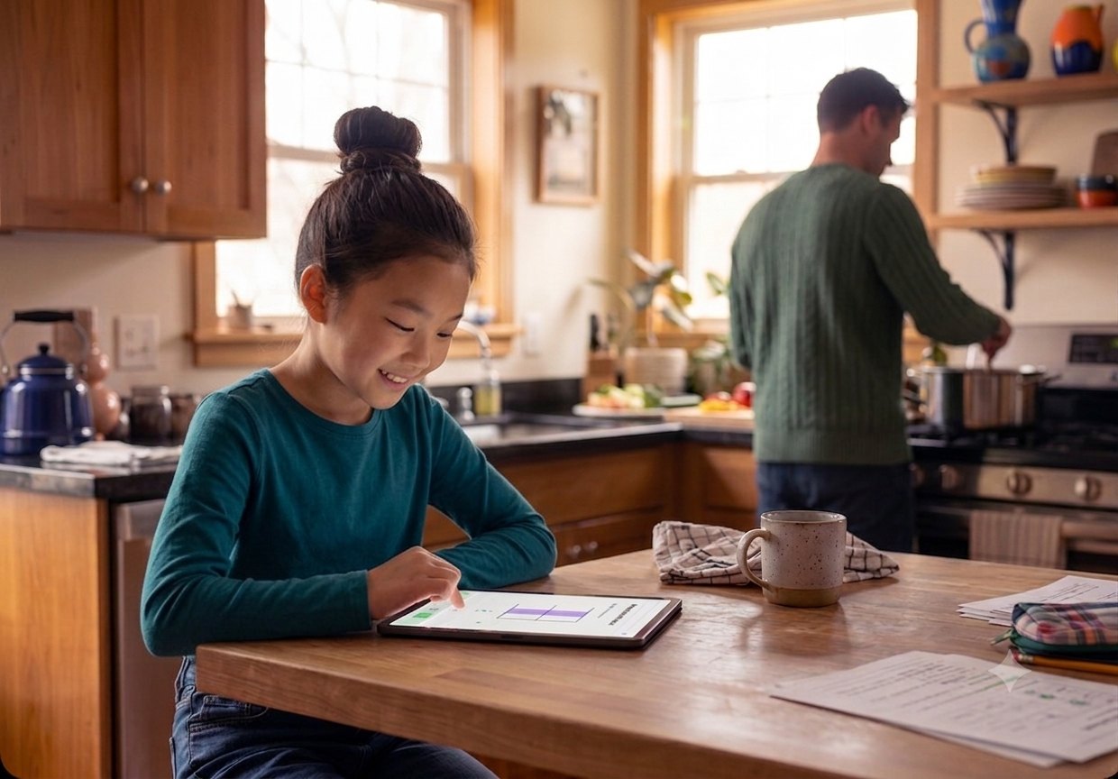 A student working through a lesson on an iPad at home while a parent cooks nearby