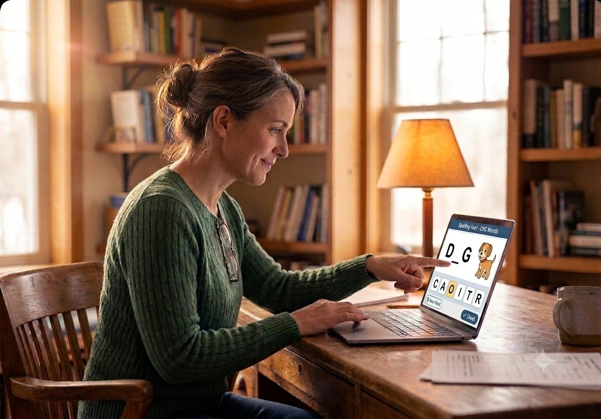A tutor guiding a structured literacy drill on a Mac laptop
